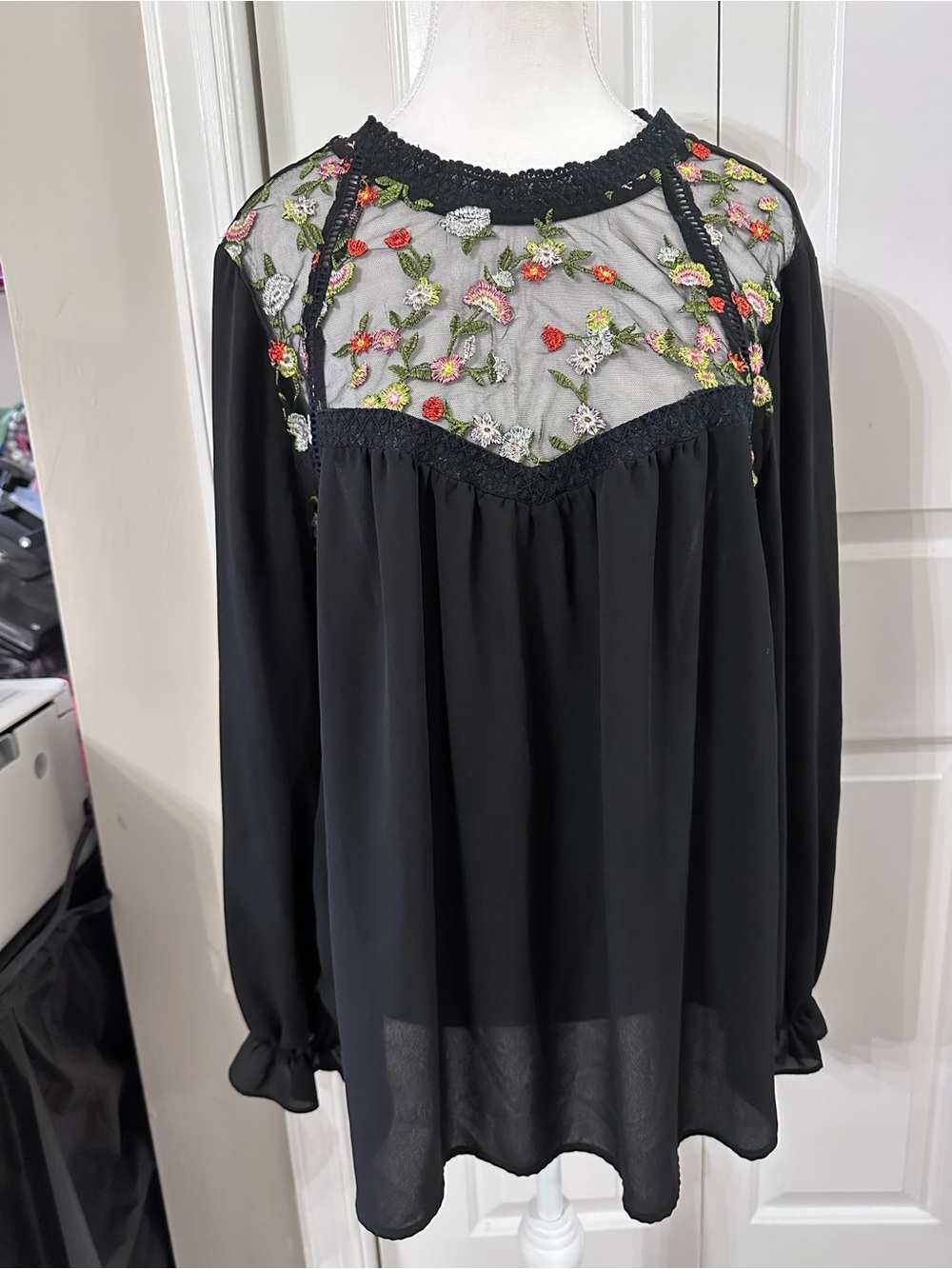 Pleione Black Blouse with Embroidered Floral Mesh Yoke